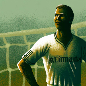 Cristiano Ronaldo, soccer player, posing for a commercial shoot. Wearing a white jersey with sponsor's logo. Soccer field background blurred.