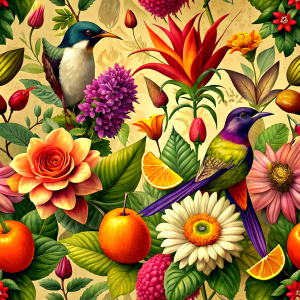 exotic orange craft paper with flying dark   wine -red exotic  birds   and  yellow  red  exotic    and pink  wild flowers ,ochra  lobelia , red  artichoke ,yellow gladiolus. orange hollyhock,wine redanemone  ,yellow  aster , purplehyacinth ,saffron ,primrose ,rosemary , iris 