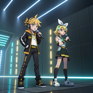 Len Kagamine and Rin Kagamine, virtual singers from Crypton Future Media, stand in a sleek modern setting. Neon lights illuminate their dual presence in an animated digital universe. Both characters exhibit a fierce expression with bold outlines and vibrant colors.