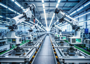 Advanced High Precision Robot Arms on Fully Automated PCB Assembly Line Inside Modern Electronics Factory. Electronic Devices Production Industry. Component Installation on Circuit Board