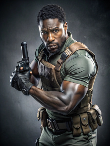 Chris Redfield: An African black actor, with hairstyle and facial features referencing the original game character design, cosplays Chris Redfield from the game "Resident Evil," known for his iconic combat stance with weapon ready.