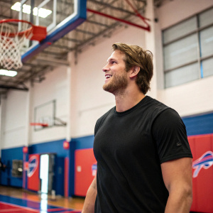 Mitch Morse, Buffalo Bills tight end, in a casual black t-shirt. Indoor gym setting, basketball hoops in background.