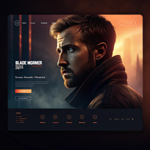 Promotional digital interface for Blade Runner 2049. Dark background with warm tones, showcasing an actor's intense facial expression.
