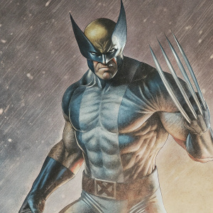 Muscular Wolverine, with sharp claws and intense glare. Clad in vibrant, sleek costume. Standing in action pose, clenched fist forward. Graphic art style, warm, muted background