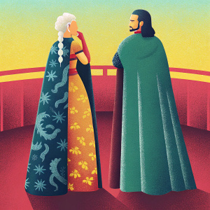 Digital artwork of Daenerys Targaryen and Jon Snow from 'Game of Thrones'. Pale blue and beige background, adjusting hairstyles