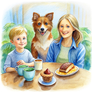 FAMILY BRECKFAST WITH NUTELLA NEAR A DOG