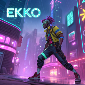 Digital art piece showcasing EKKO, a video game character. Vibrant color palette and dynamic elements. Background features neon cityscape. Overlayed text explains gameplay mechanics.