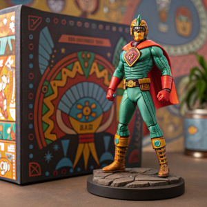 Detailed box art for a collectible action figure. El Eternauta stands proudly. Colorful background with intricate design elements