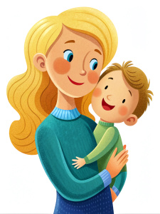 mother with blond hair holds her son in her arms and looks at him with love, children's illustration, 2D illustration