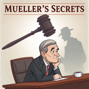 Cartoon illustration of Robert Mueller. He's seated with a worried expression. An oversized gavel looms above him, casting a shadow. Headline reads 'Mueller's Secrets' above the image.