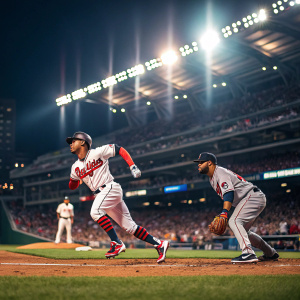 Dynamic baseball action shot. Francisco Lindor and Jose Ramirez in mid-game play. Bright stadium lights, roaring crowd