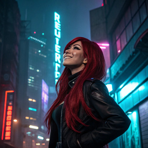 Mitsuru Kirijo, long red hair, confident smirk, standing in a digital art scene. Neon-lit cityscape backdrop