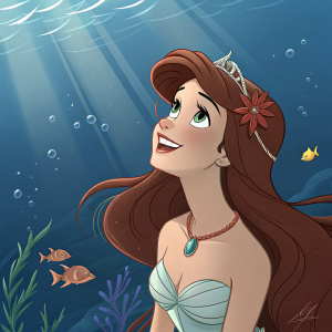Digitally rendered image of Ariel from The Little Mermaid. Long brown hair, elegant headpiece, radiant smile. Background is oceanic abyss