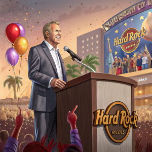 Jim Allen, CEO of Hard Rock International, addressing an audience at the grand opening of Hard Rock Hotel & Casino in Atlantic City. He is standing behind a podium with a microphone in hand, surrounded by festive decorations.