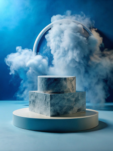 3D rendering of a stone podium for product demonstrations, cinematic smoke, water, blue and white, -ar 3:4

