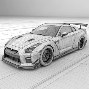 Digital wireframe rendering of a Nissan GT-R R35. Modern and aggressive design, sleek aerodynamic lines, prominent hood scoop, elongated streamlined shape, minimalistic style, neutral gray background.