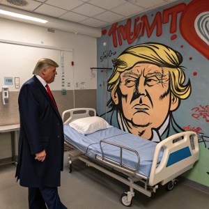 Cartoon depiction of Donald Trump in a hospital room setting. Graffiti style artwork.
