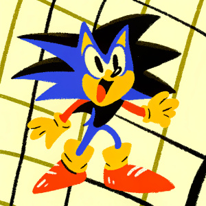 Pixel art depiction of Sonic the Hedgehog. Vibrant colors, dynamic pose. Grid patterned background