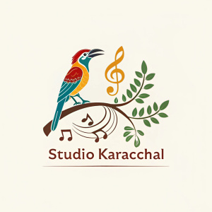 Digital illustration of Studio Karachchal branding. A vibrant logo featuring Sinhala script, a bird symbolizing creativity and connection to nature, aimed at young musicians in Sri Lanka. The simpler design for easy recognition.