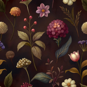 DARK BROWN  background botanic  , watercolor VINTAGE 
 image with dark brown   background , brown  VIBURNUM  , CRASPEDIA ,  ,anemone ,hollyhock ,CORTADERIA ,BRASSICA,DAUCUS ,snapdragon,celosla,gladiolus,vinca , achillea   ,astrantia ,LATHYRUS,  achillea, physalis , watercolor, dark brown  background FOR WRAPPING PAPER VINTAGE 
