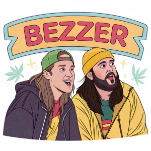 Illustration of Jay and Silent Bob from Bezzer series. Colorful, graphic design style. Word banner 'Bezzer' above the characters. Playful, cartoonish style