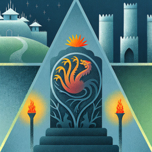 Composite image featuring the Game of Thrones franchise. Centered ornate dragon sculpture with fiery elements. Surrounding scenes include diverse settings and lighting effects, both warm and cool tones.