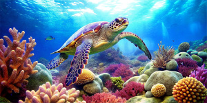 A sea turtle swimming through a colorful coral reef, its shell providing a home for many small creatures. The turtle is an important part of the reef ecosystem, and its presence helps to keep the reef healthy.
