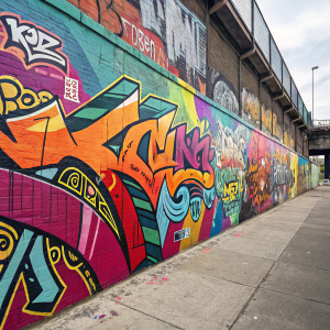 A vibrant graffiti mural featuring bold, dynamic strokes and unconventional lettering, creating a complex texture from overlapping shapes and lines.