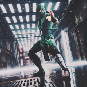 Solomon Catan Angel Bedolla from Mortal Kombat series, in green attire, posing dynamically against a vibrant, neon-lit urban backdrop.