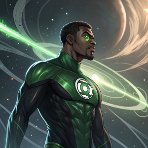Digital art of Hal Jordan, The Green Lantern, with an intense expression, standing in a cosmic space with abstract elements and a green energy beam emanating from his chest. Dark skin, short hair, and strong jawline