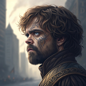 Digital portrait of Peter Dinklage as Tyrion Lannister. Intricate tattoo-like designs. Blurred cityscape background.