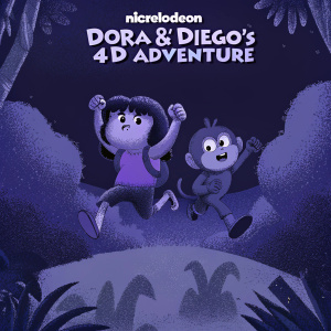 Movie poster for 'Dora & Diego's 4D Adventure'. Lively jungle setting with cartoon-style illustrations. Dora, Diego, and a friendly monkey-like creature are seen in action, surrounded by vibrant, lush greenery. The Nickelodeon logo prominently displayed. Traditional animation style with a focus on vibrant colors and movement.