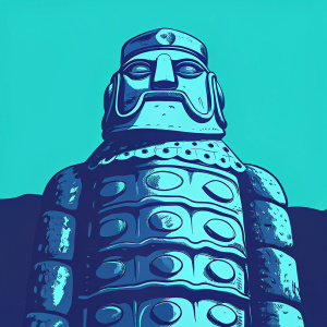 3D render of an ancient-looking Godfall statue. Grey metallic color with detailed patterns. Dark background