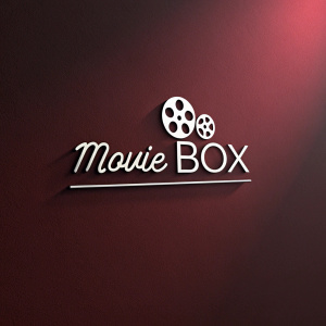 Modern 'Movie Box' logo in sleek 3D design. Dark red background. Elegant, sharp text.