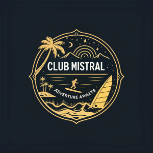 Design concept for Club Mistral. Vibrant logo showcasing windsurfing, paddleboarding, and nightlife. Black and gold theme. Tagline promoting adventure and travel.