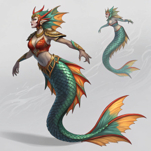 Digital artwork of Naga Siren from Dota 2. Character depicted in various dynamic poses, showcasing her mermaid-like tail and dragon features. Color palette includes greens, oranges, and metallic hues. Background is a plain, neutral gray.