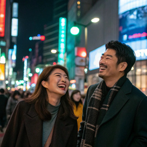 Ha Ji-won and Yoon Kye-sang laughing amidst a bustling cityscape at night.