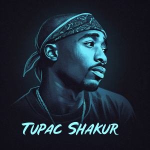 Stylized graphic design featuring Tupac Shakur. Dark background with a close-up of Tupac's face, lit with a blue hue. 'Tupac Shakur' written in vintage cursive beneath the image.
