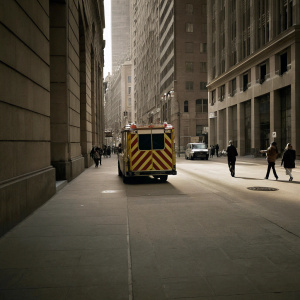 Renault Kangoo Phase II fire truck parked in a bustling city street, its red and yellow stripes stand out against the backdrop of towering buildings and busy sidewalks.