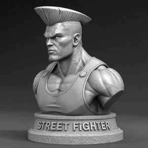 A detailed 3D digital render of a statue showcasing Guile from Street Fighter. Meticulous depiction of his determined face and muscular physique. The base features 'Street Fighter' text in a subtle, monochromatic style.