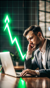 Background: Gradient colors from dark blue to light blue, symbolizing the loss of opportunities.
Image: A photo of a sad entrepreneur looking at an empty computer screen.
Icon: A clock indicating the current time, highlighting the loss of time.
Graph: A line graph showing a drop in sales without a website (a simple graph with a negative trend).