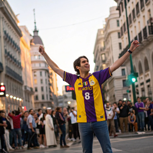 Kaka, dressed in a vibrant Real Madrid jersey, number 8. Standing confidently on the bustling streets of Madrid, surrounded by cheering fans.