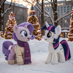 Realistic photo of Rarity and Twilight Sparkle, My Little Pony characters, in winter wonderland setting, festive with snow and decorated trees.