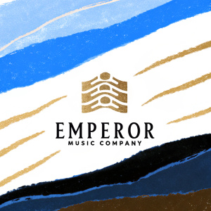 Modern golden logo for Emperor Music Company featuring sleek soundwave design. White and gold color scheme with subtle gradient. Bold sans-serif font for company name.