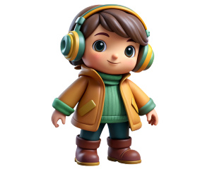 cute dwarf kid in headphones in boots in a jacket