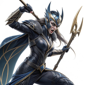 Proxima Midnight action figure, striking pose with elaborate weapon. Dynamic stance. White background, showing intricate details