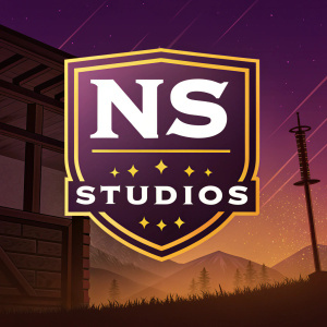 Illustration of the Ninja Studios logo. Dark background with a vibrant mix of purple, brown, and golden hues. The logo features white 'NS' letters and text, creating a strong, graphic design with high contrast.