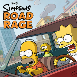 Game cover for 'The Simpsons: Road Rage'. Homer Simpson, Bart Simpson, Marge Simpson, and Lisa Simpson. Driving minivans and cars. Road rage theme with cartoonish characters. Vibrant colors and exaggerated facial expressions. Background shows cityscape.