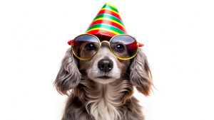 Funny party dog wearing colorful summer hat and stylish sunglasses isolated on white background