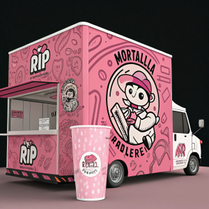 A vibrant digital artwork showcasing the Mortadella RIP brand. Pink and white color scheme with playful cartoon mascot. Modern graphic design on black background.